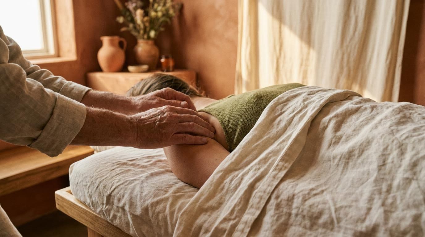 Behandlerhænder arbejder med skulder og nakke på briksen