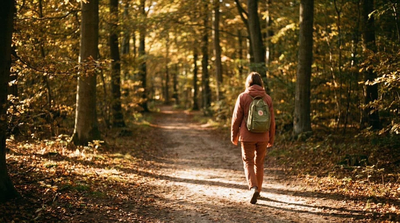 Person går på skovsti i Gribskov i eftermiddagssol